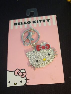 Hello Kitty Silver Crystal Face Keychain with Red Bow